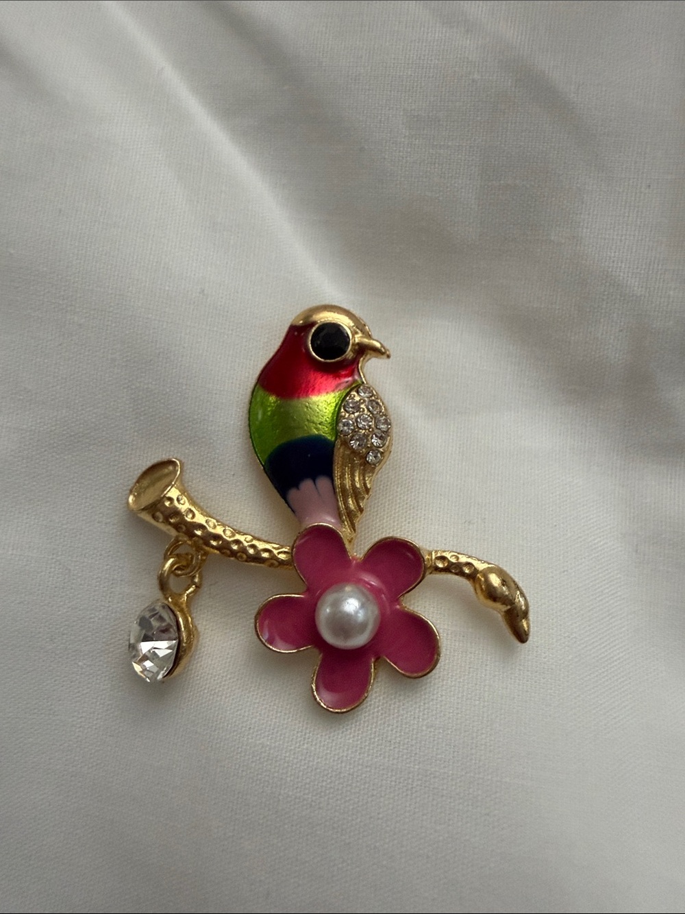 Gold-Tone Colorful Bird Brooch with Pink Flower Accent
